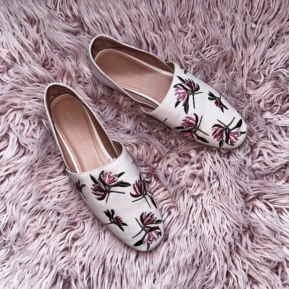 ZARA Embroidered Floral Faux Vegan Leather Pink Flat Loafers Shoes - US 8 - Picture 6 of 10